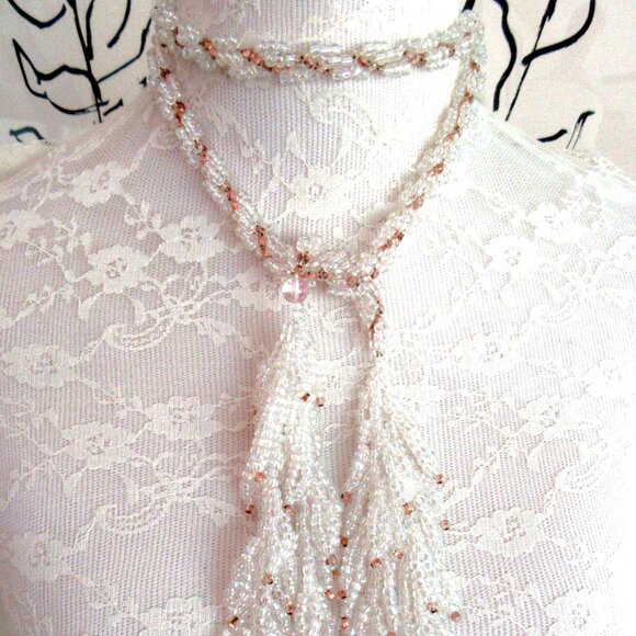 Iridescent white & copper bead lariat necklace & pierced dangling hoop earrings - Picture 1 of 16